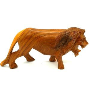 Vintage Hand Carved Wooden Lion Figurine